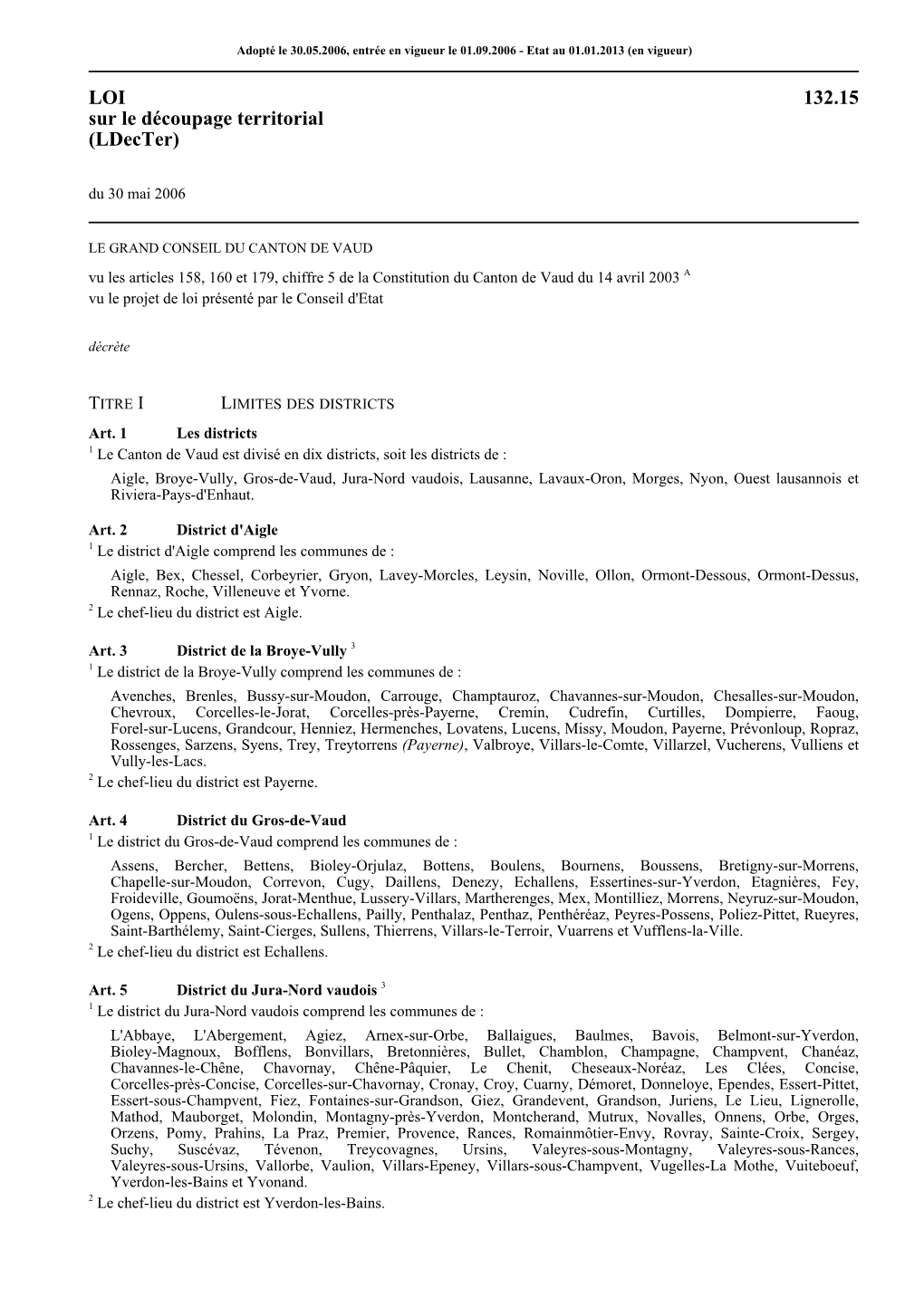 LOI 132.15 Sur Le Découpage Territorial (Ldecter) Du 30 Mai 2006