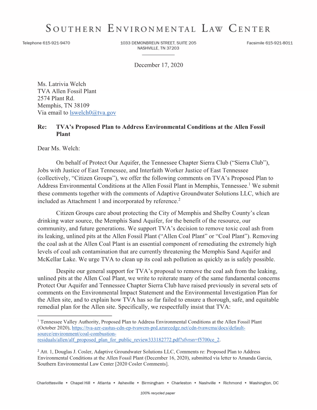 December 17, 2020 Ms. Latrivia Welch TVA Allen Fossil Plant 2574 Plant Rd. Memphis, TN 38109 Via Email to Lswelch0@Tva.Gov Re