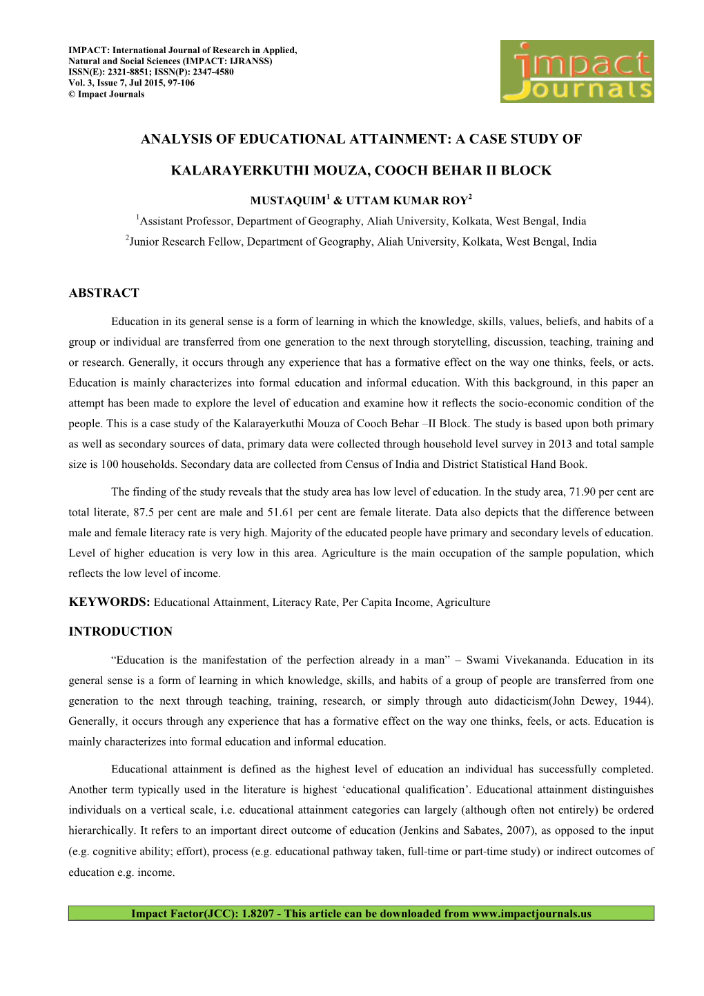 Analysis of Educational Attainment: a Case Study of Kalarayerkuthi Mouza