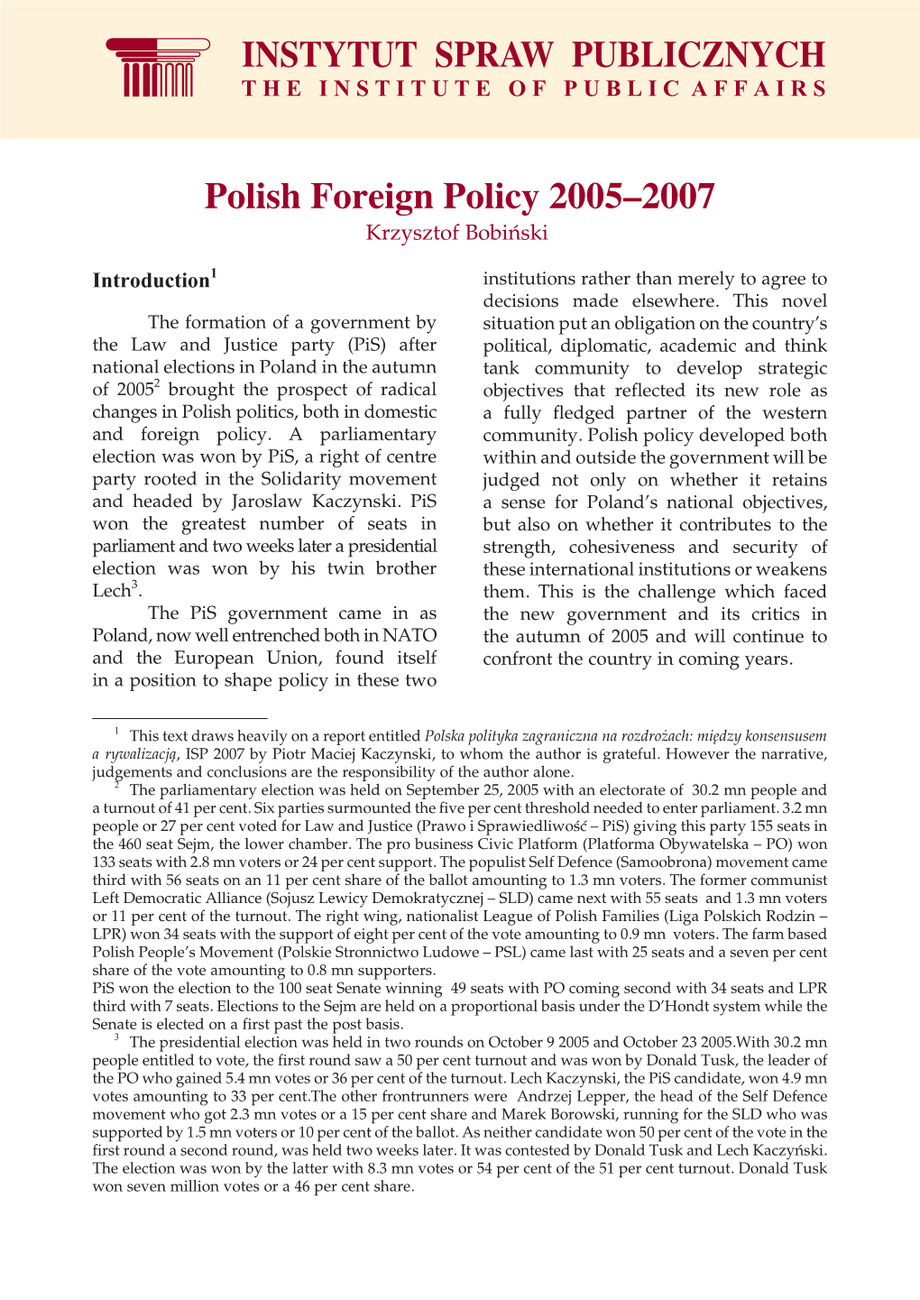 Polish Foreign Policy 2005–2007 Krzysztof Bobiñski