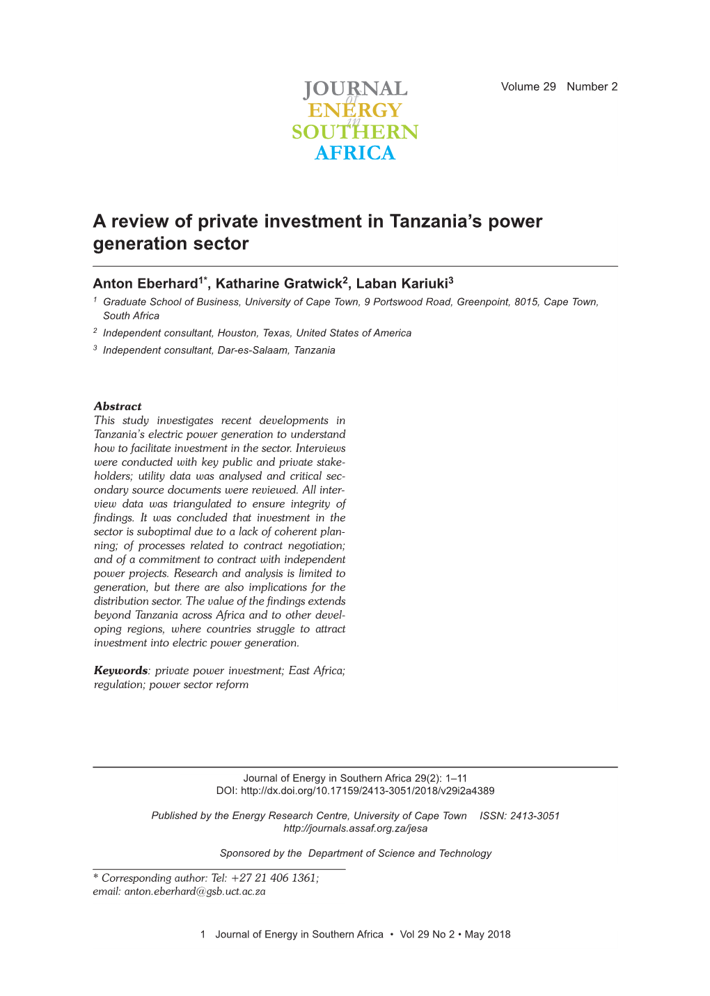 A Review of Private Investment in Tanzania's Power Generation Sector