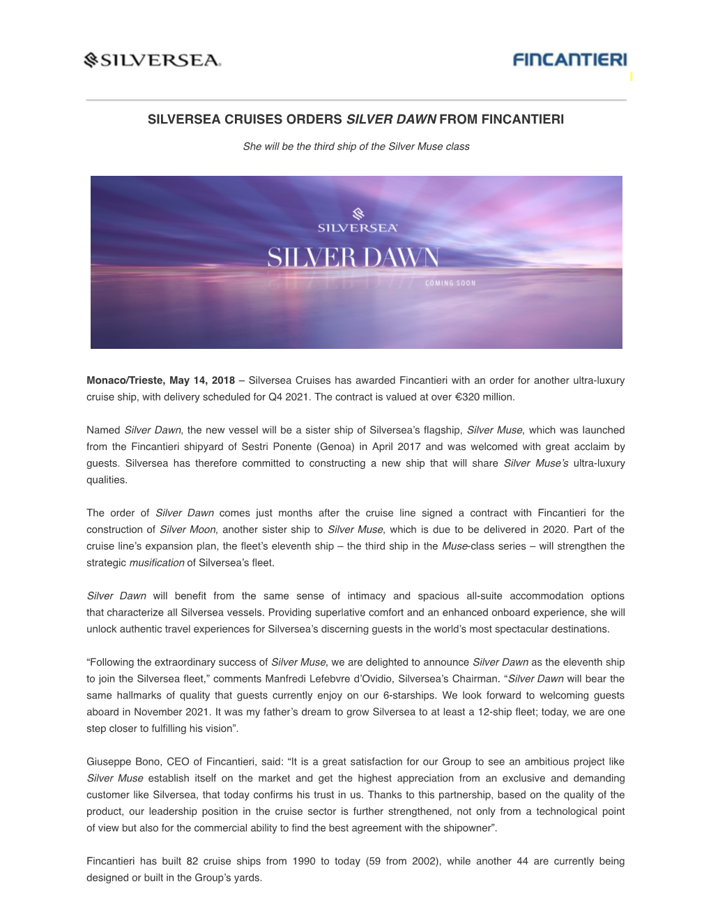 Silversea Cruises Orders Silver Dawn from Fincantieri