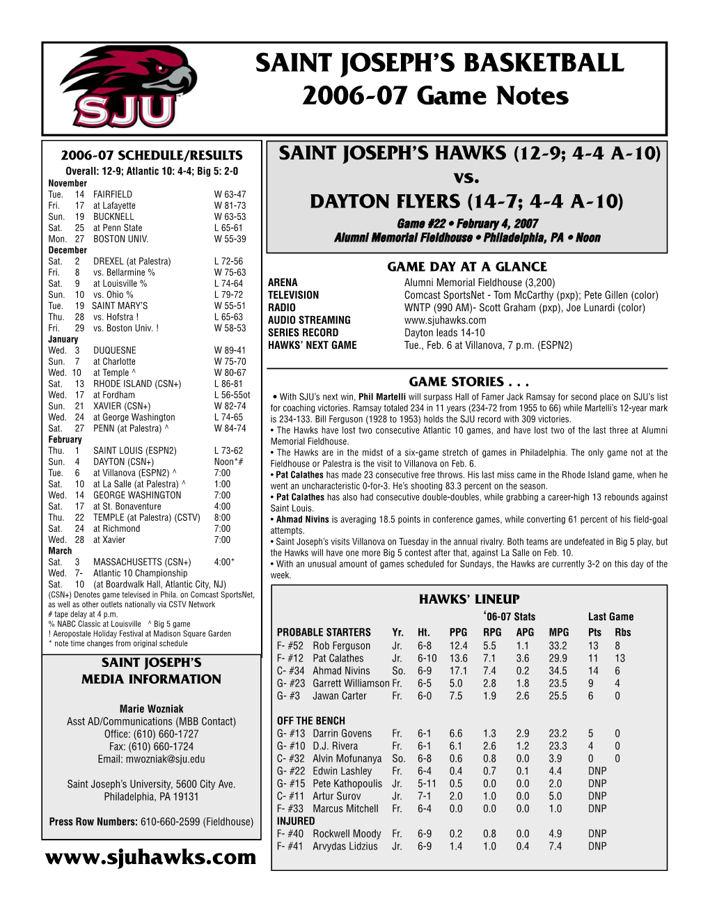 SAINT JOSEPH's BASKETBALL 2006-07 Game Notes