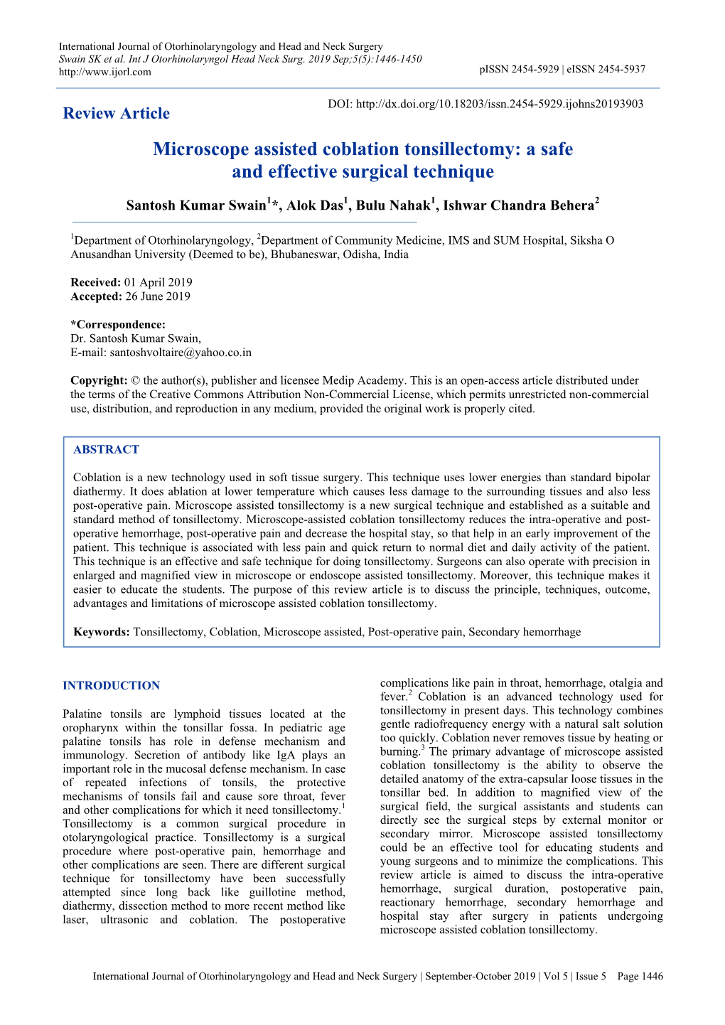 Microscope Assisted Coblation Tonsillectomy: a Safe and Effective Surgical Technique