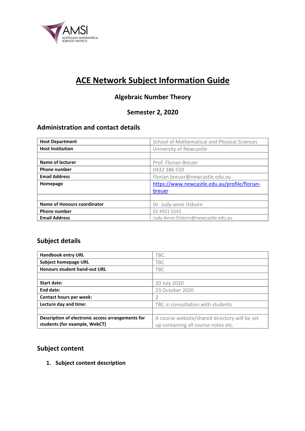 ACE Network Subject Information Guide