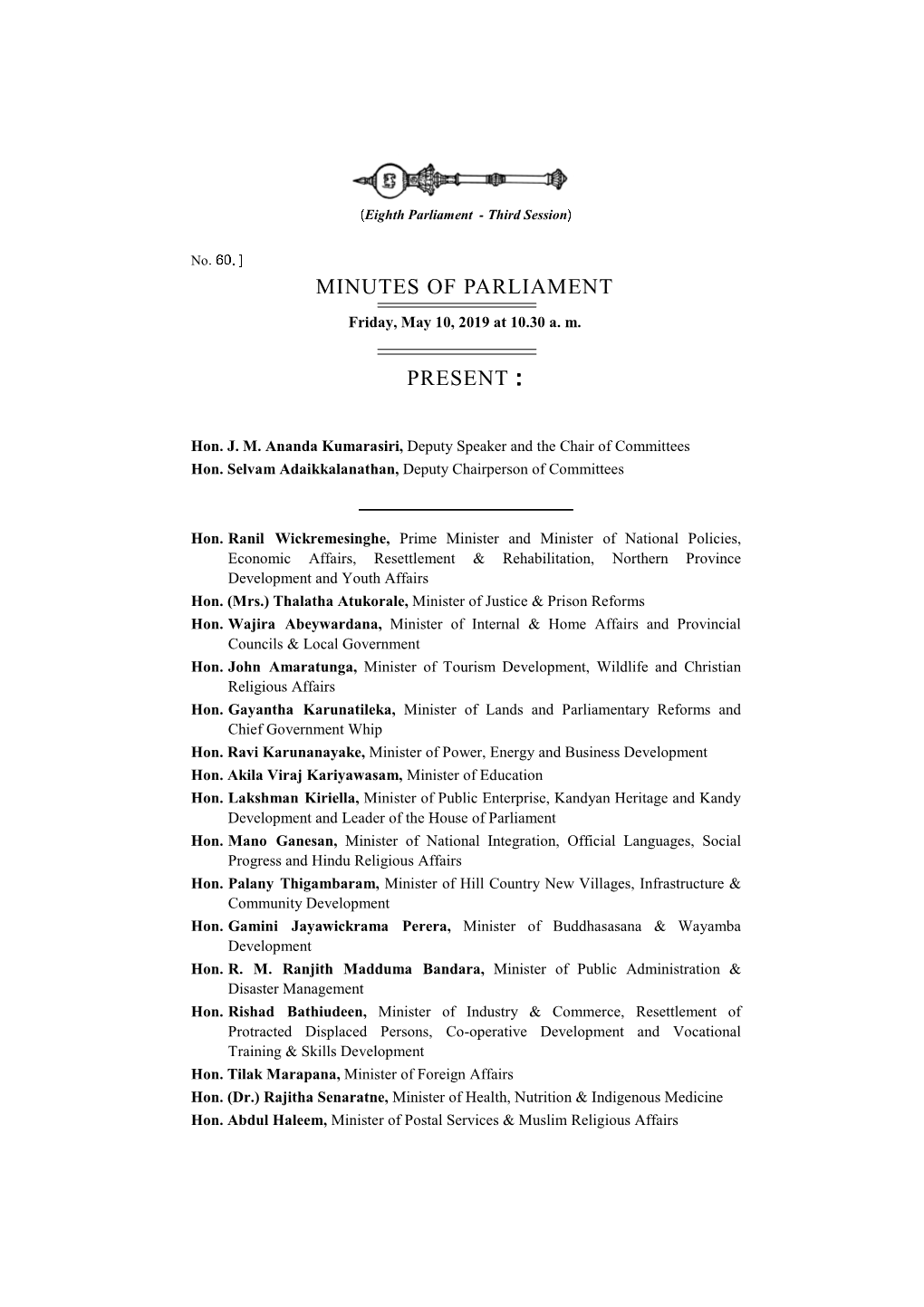 Minutes of Parliament for 10.05.2019