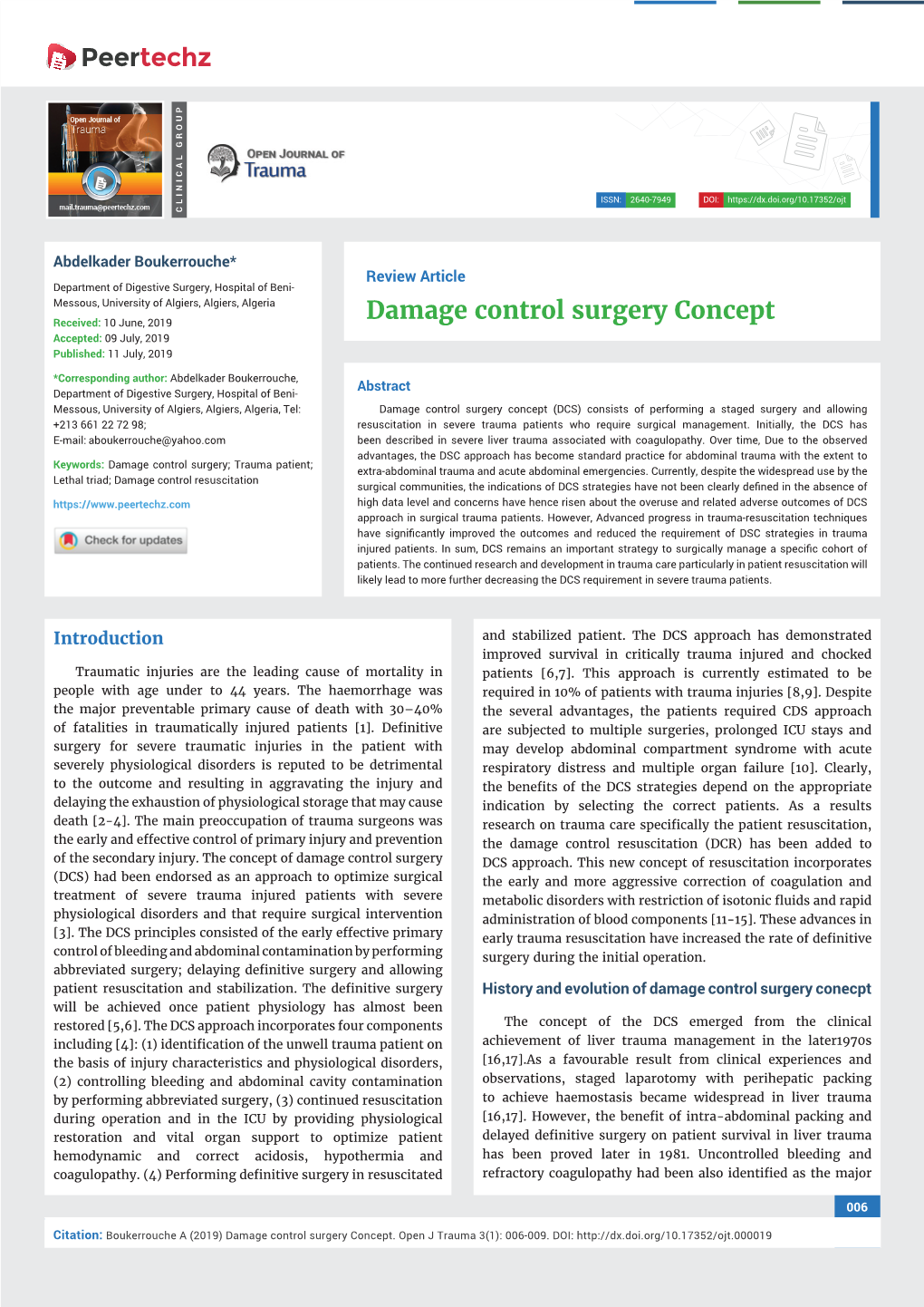 Damage Control Surgery Concept Accepted: 09 July, 2019 Published: 11 July, 2019