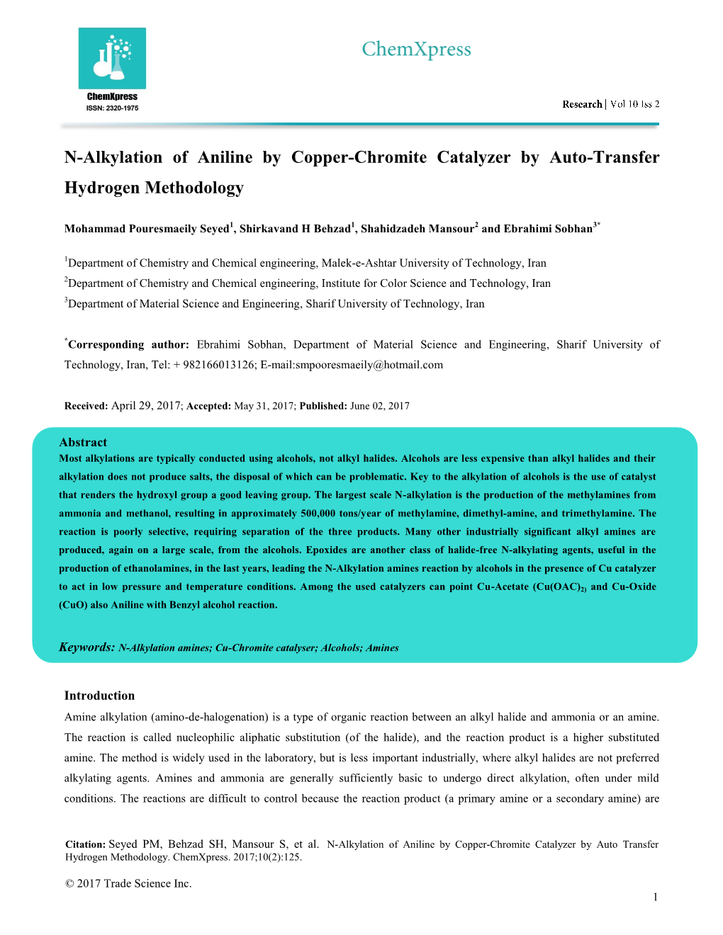 N-Alkylation of Aniline by Copper-Chromite Catalyzer by Auto-Transfer Hydrogen Methodology