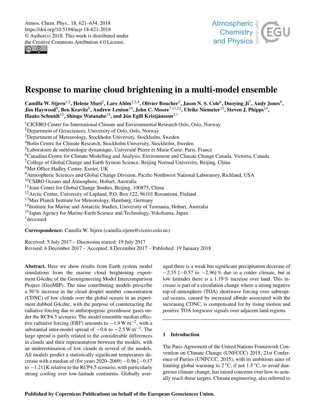 Response to Marine Cloud Brightening in a Multi-Model Ensemble