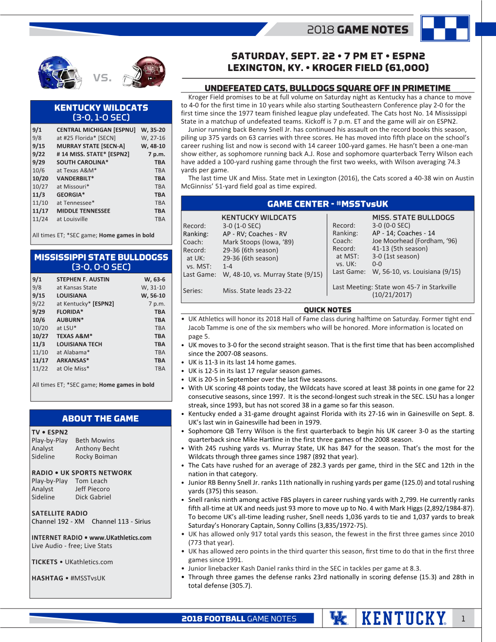 2018 Game Notes