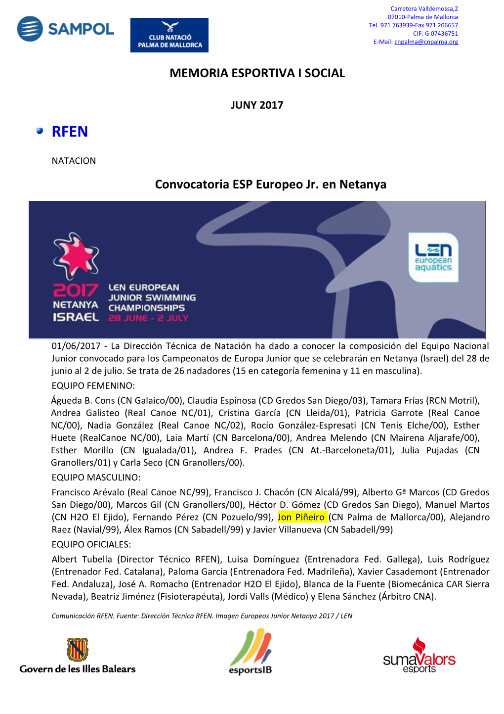 MEMORIA ESPORTIVA I SOCIAL Convocatoria ESP Europeo Jr. En