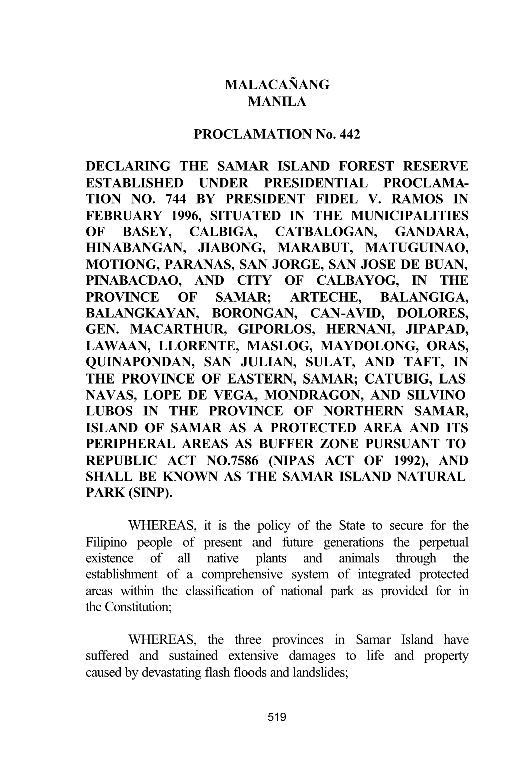 MALACAÑANG MANILA PROCLAMATION No. 442