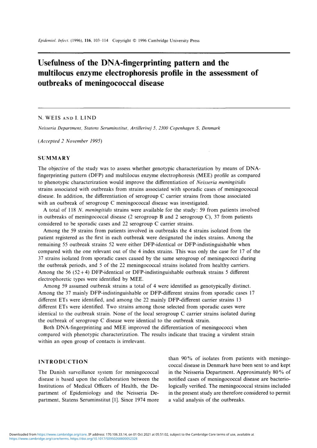 Usefulness of the DNA-Fingerprinting Pattern and the Multilocus Enzyme Electrophoresis Profile in the Assessment of Outbreaks of Meningococcal Disease