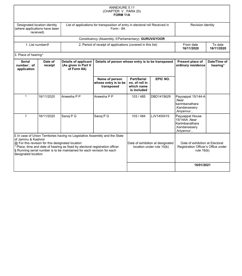 FORM 11A Designated Location Identity