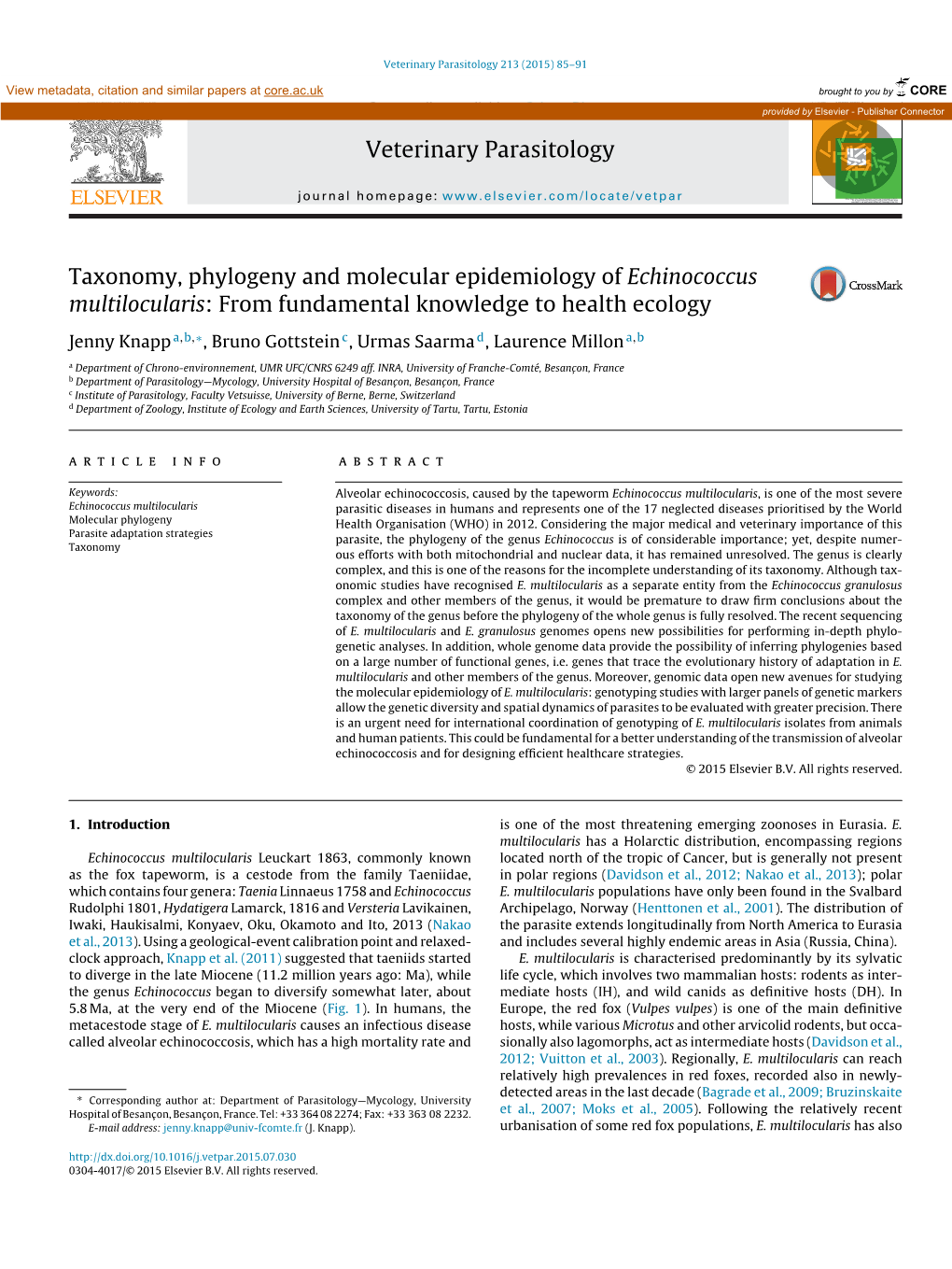 Taxonomy, Phylogeny and Molecular Epidemiology of Echinococcus