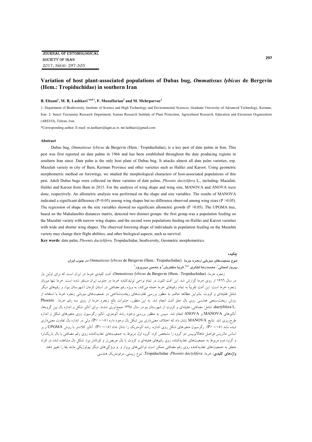 Variation of Host Plant-Associated Populations of Dubas Bug, Ommatissus Lybicus De Bergevin (Hem.: Tropiduchidae) in Southern Iran