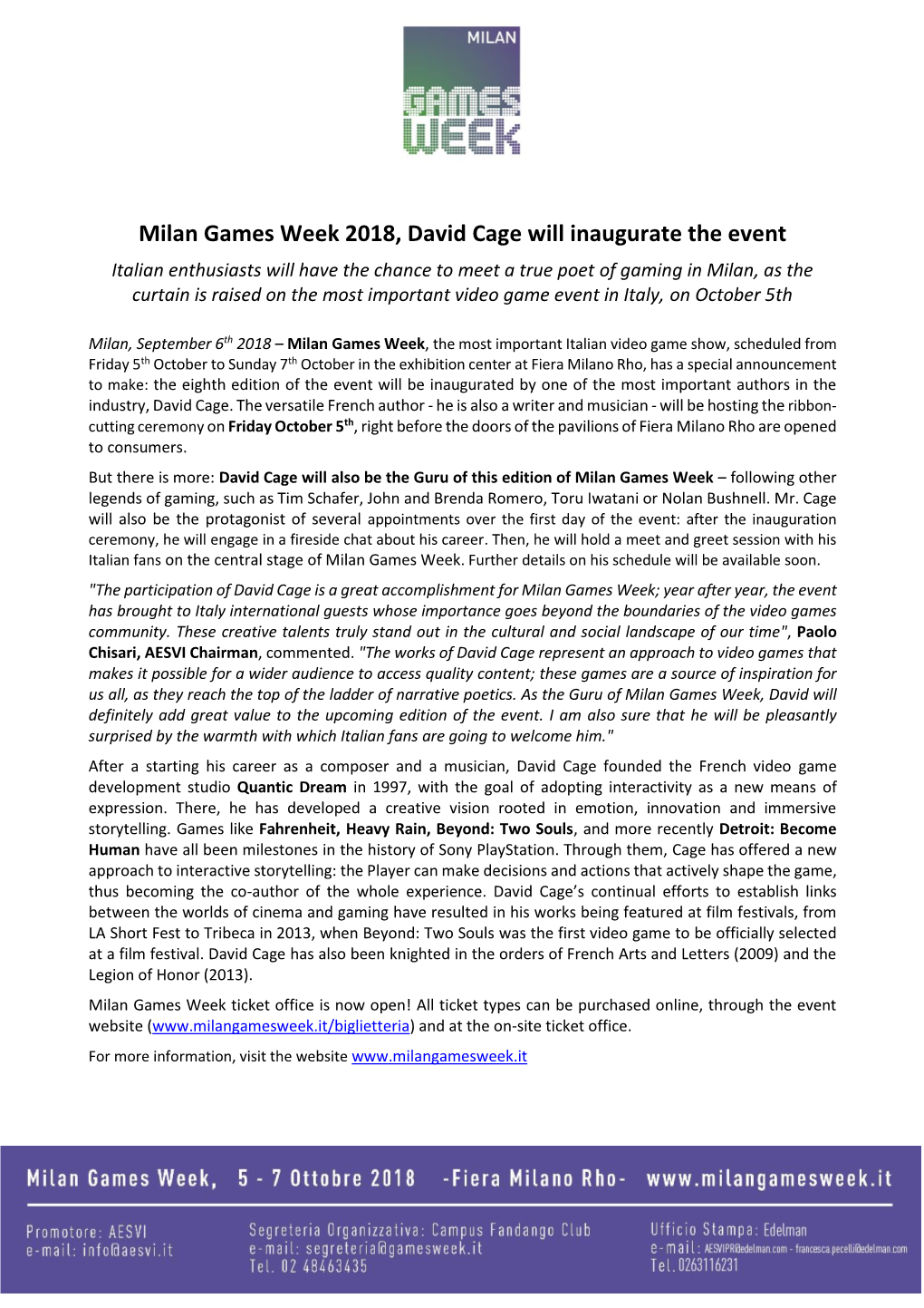 Milan Games Week 2018, David Cage Will Inaugurate the Event