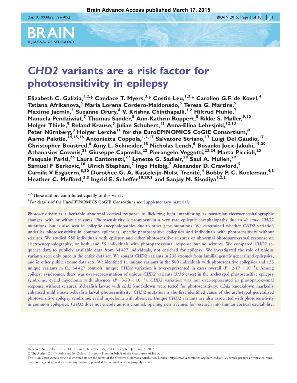 CHD2 Variants Are a Risk Factor for Photosensitivity in Epilepsy