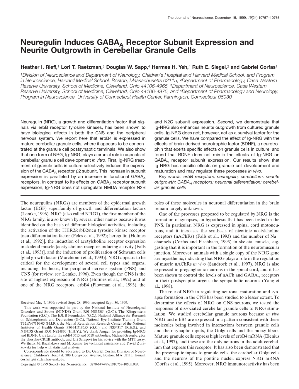 Neuregulin Induces GABAA Receptor Subunit Expression and Neurite Outgrowth in Cerebellar Granule Cells