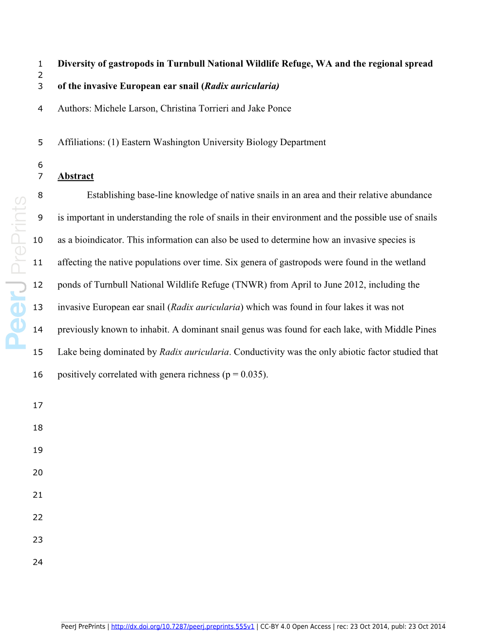 Diversity of Gastropods in Turnbull National Wildlife Refuge, WA and the Regional Spread 2 3 of the Invasive European Ear Snail (Radix Auricularia)