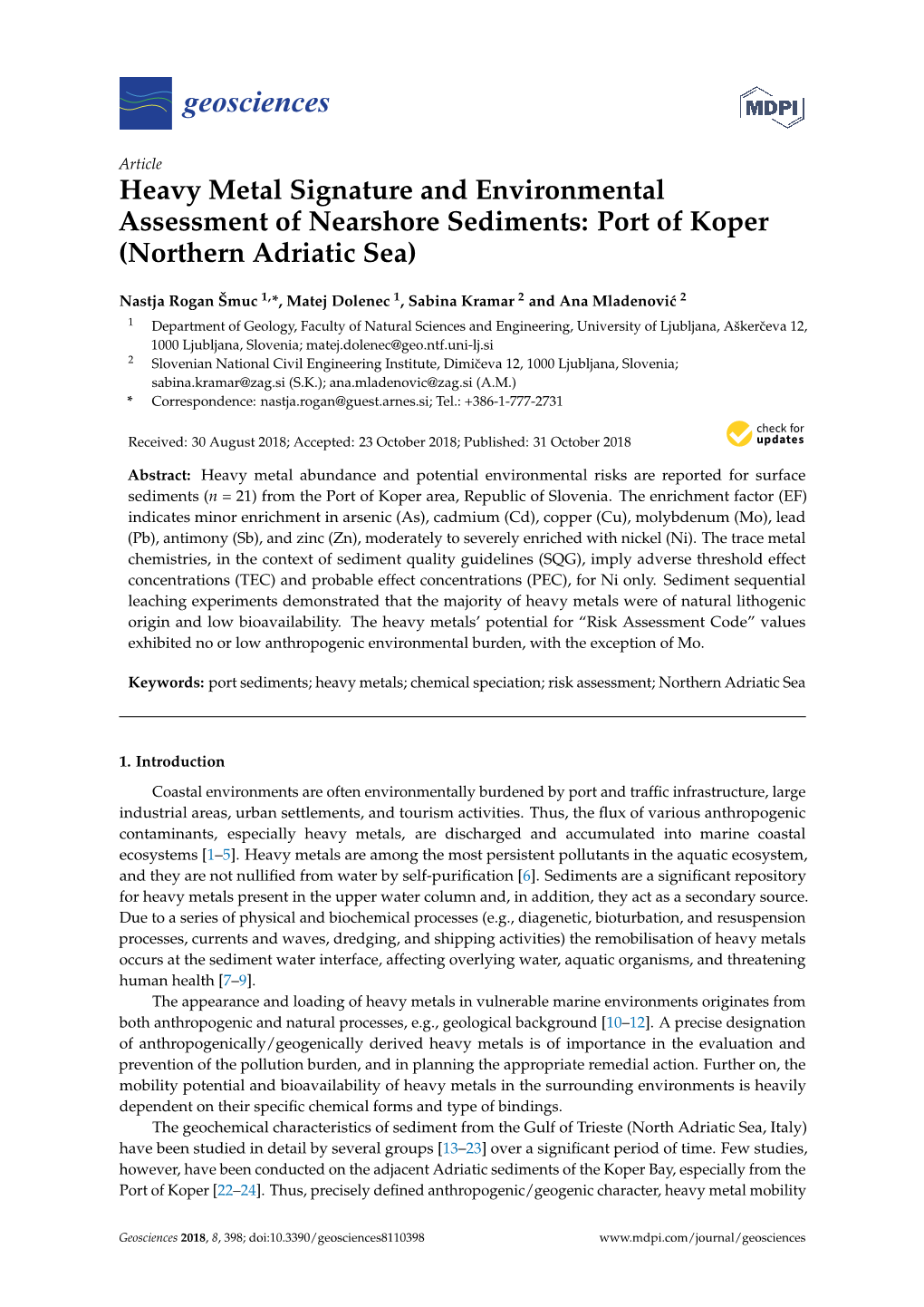 Heavy Metal Signature and Environmental Assessment of Nearshore Sediments: Port of Koper (Northern Adriatic Sea)