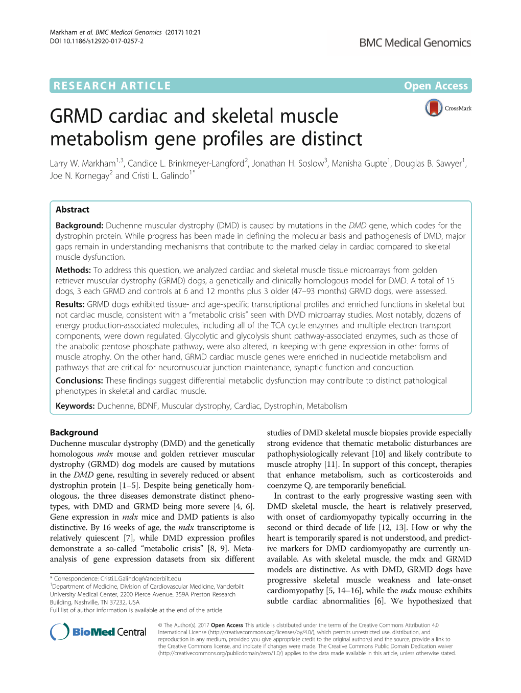 GRMD Cardiac and Skeletal Muscle Metabolism Gene Profiles Are Distinct Larry W