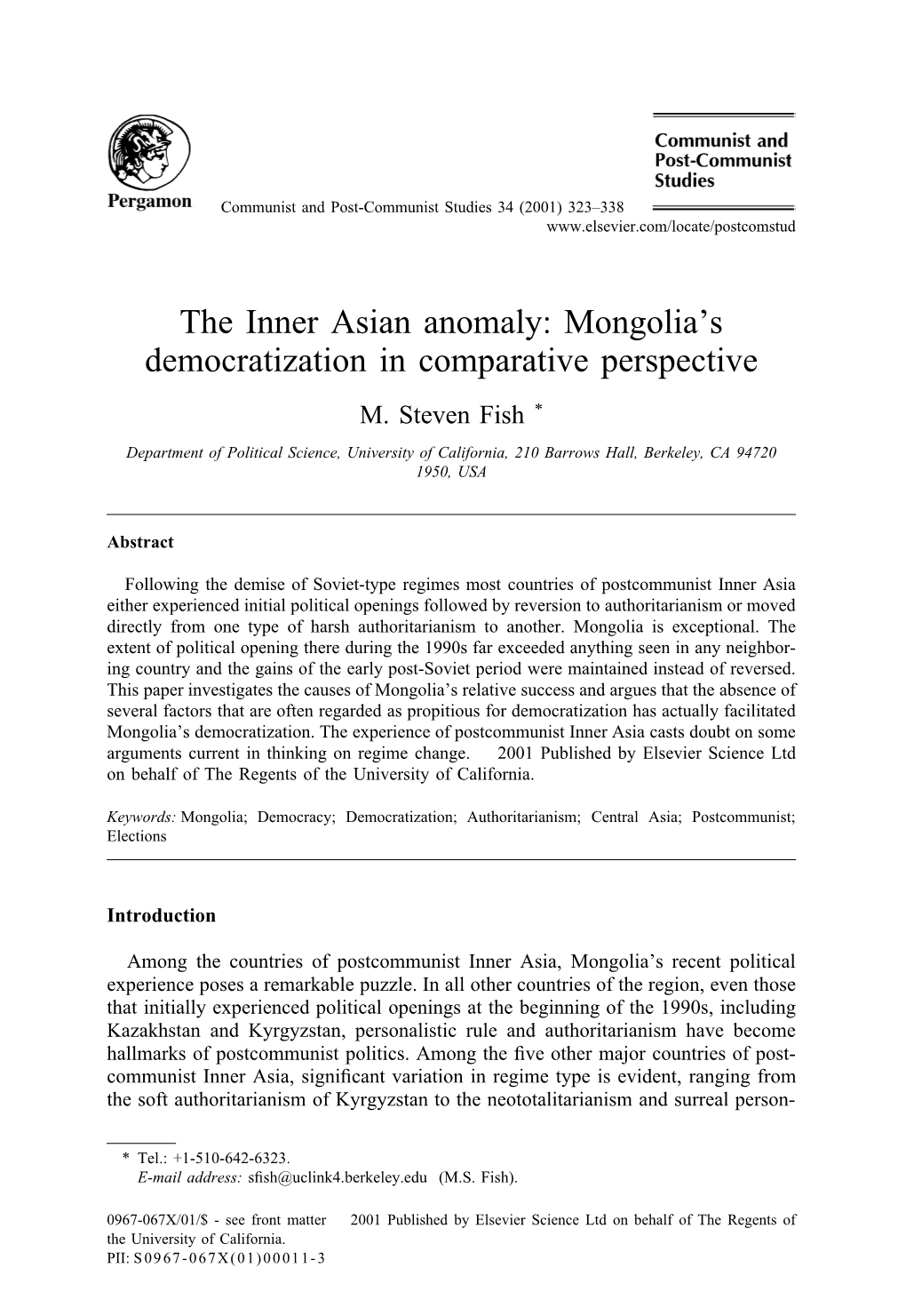 The Inner Asian Anomaly: Mongolia's Democratization in Comparative