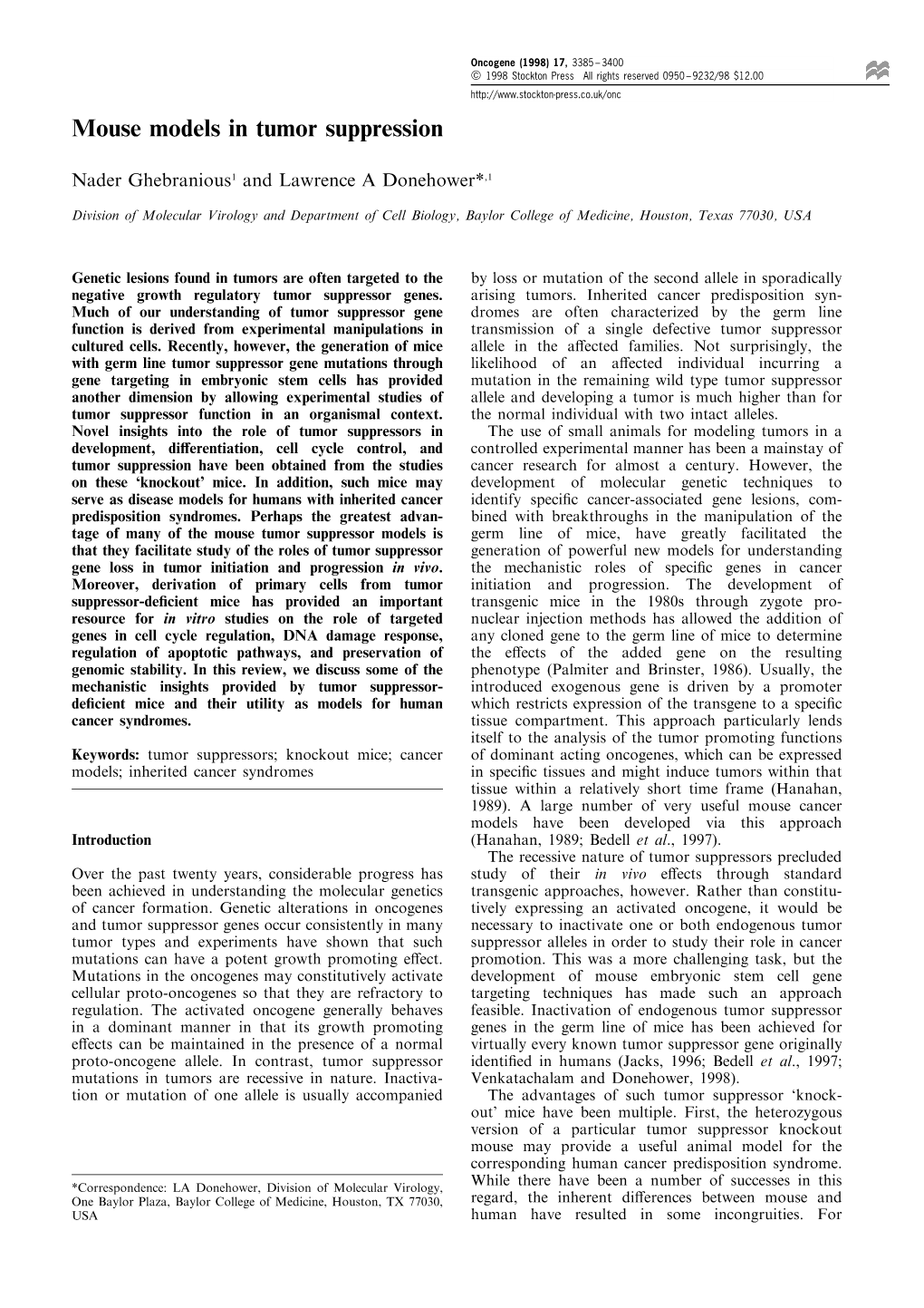 Mouse Models in Tumor Suppression