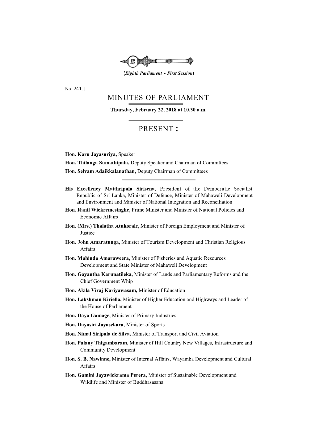 Minutes of Parliament Present