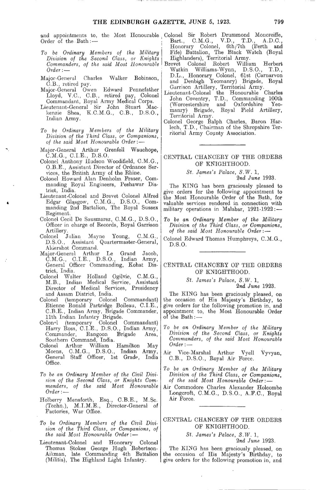 The Edinburgh Gazette, June 5, 1923. Central Chancery Of