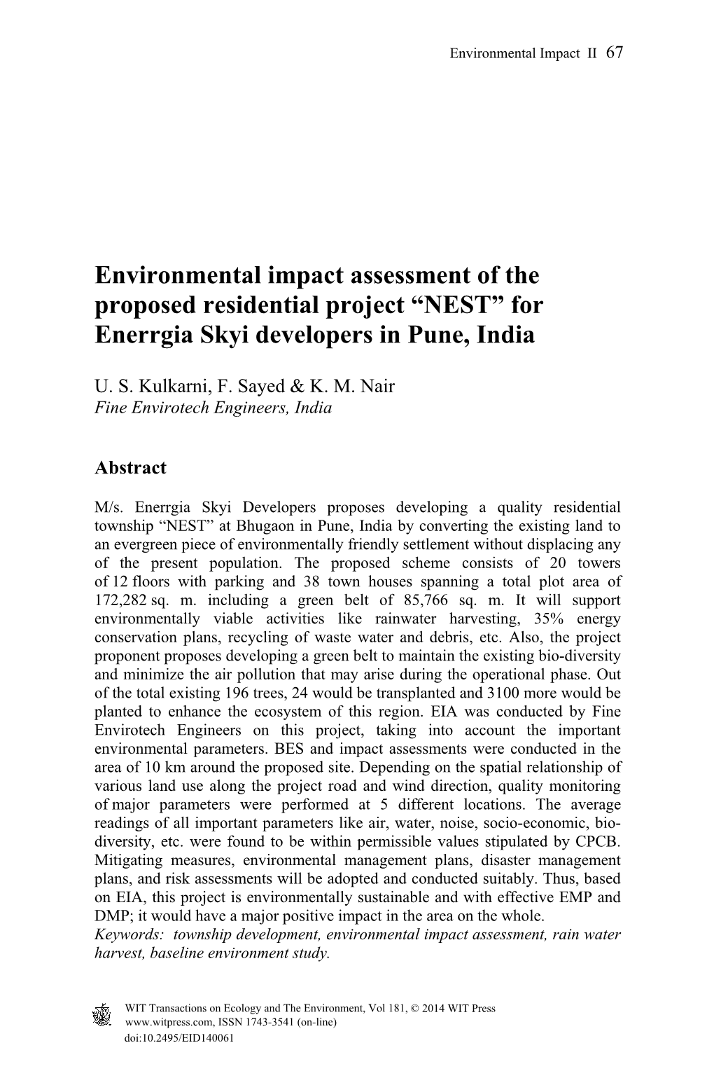 Environmental Impact Assessment of the Proposed Residential Project “NEST” for Enerrgia Skyi Developers in Pune, India