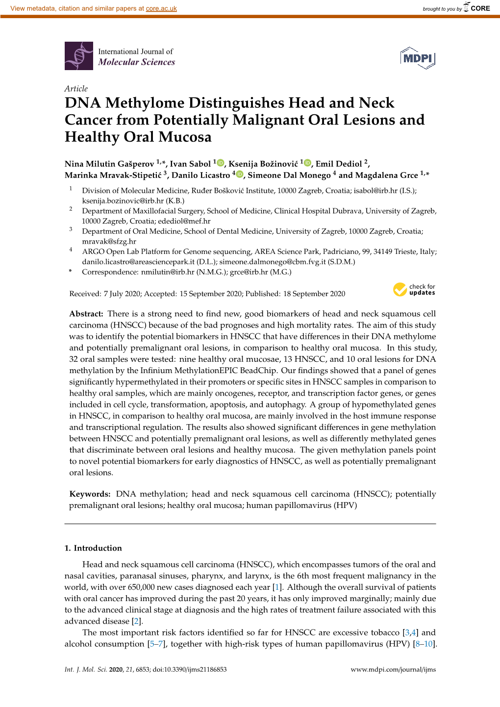 DNA Methylome Distinguishes Head and Neck Cancer from Potentially Malignant Oral Lesions and Healthy Oral Mucosa