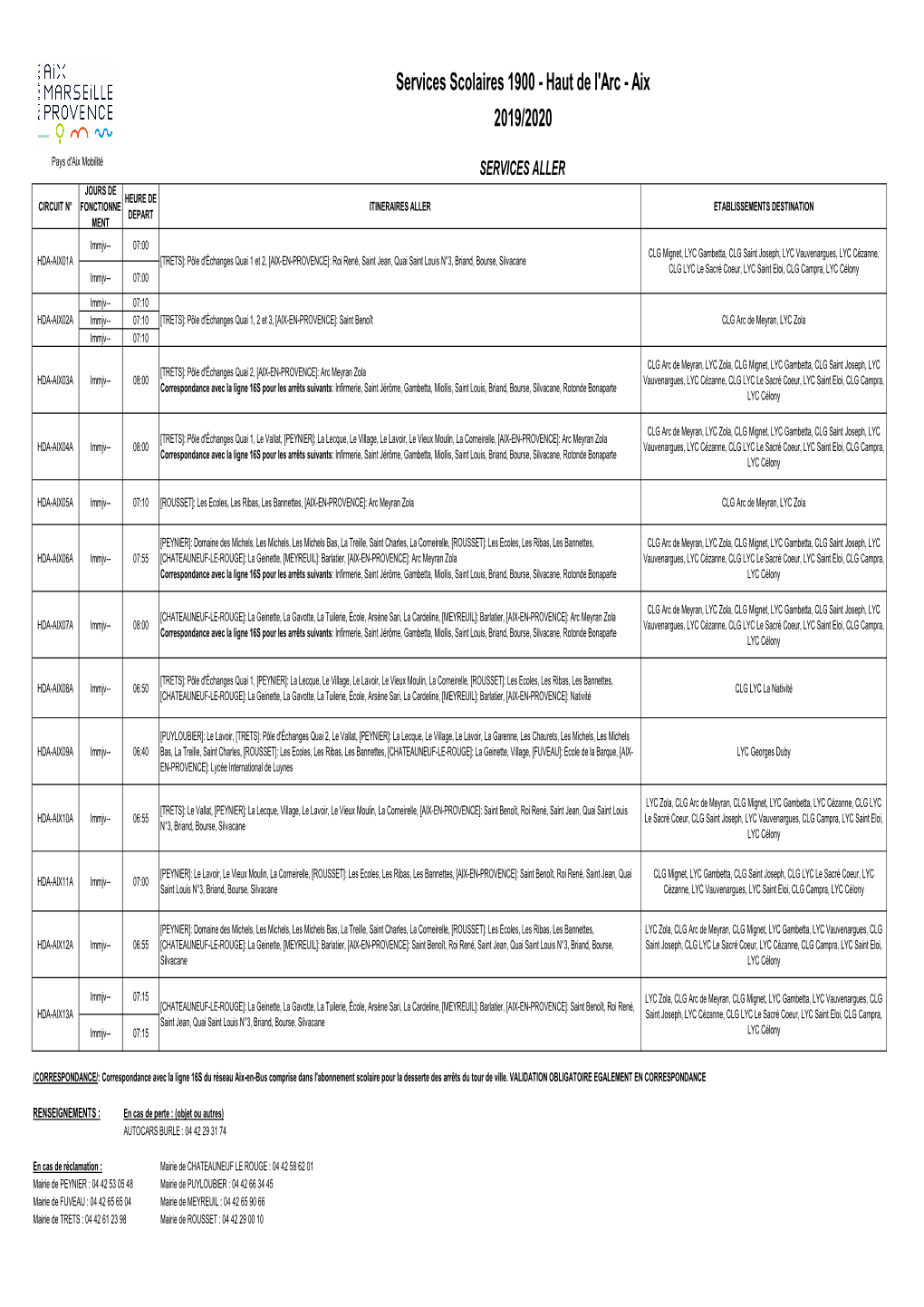 Services Scolaires 1900 - Haut De L'arc - Aix 2019/2020