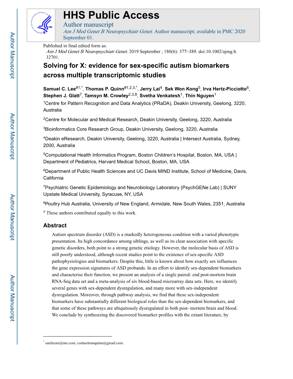 Evidence for Sex-Specific Autism Biomarkers Across Multiple Transcriptomic Studies