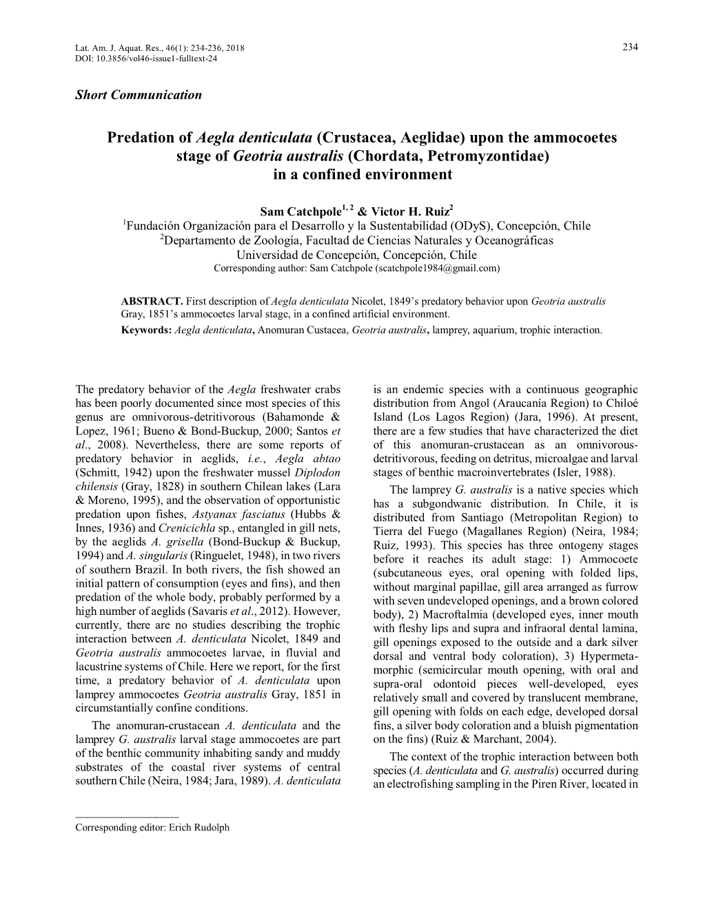 Predation of Aegla Denticulata (Crustacea, Aeglidae) Upon the Ammocoetes Stage of Geotria Australis (Chordata, Petromyzontidae) in a Confined Environment