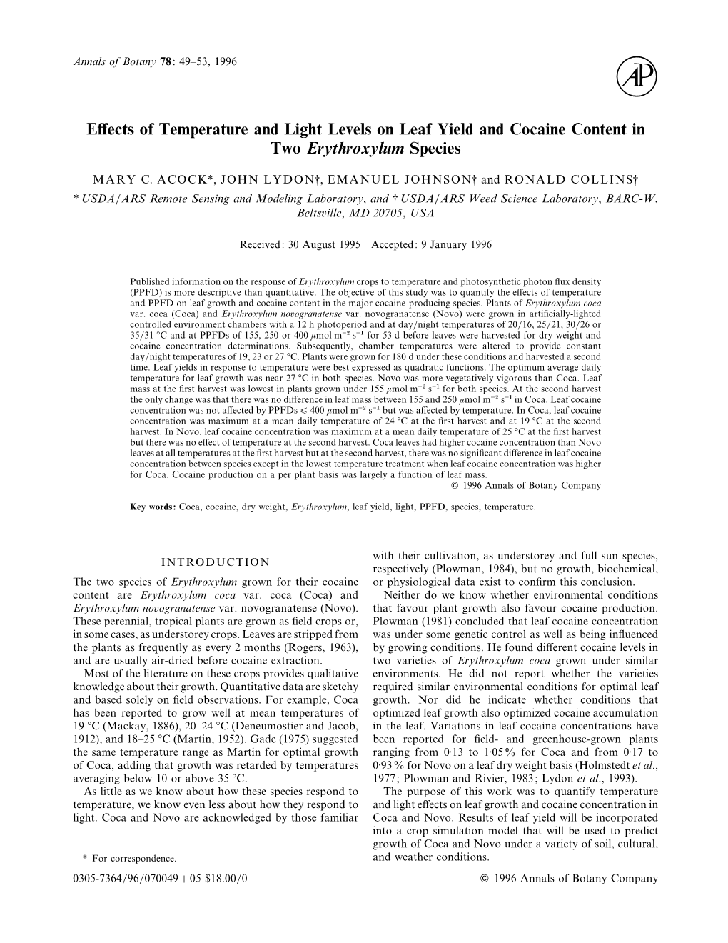 Effects of Temperature and Light Levels on Leaf Yield and Cocaine
