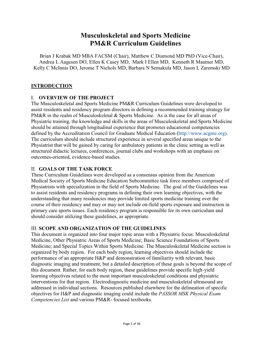 Musculoskeletal and Sports Medicine PM&R Curriculum Guidelines