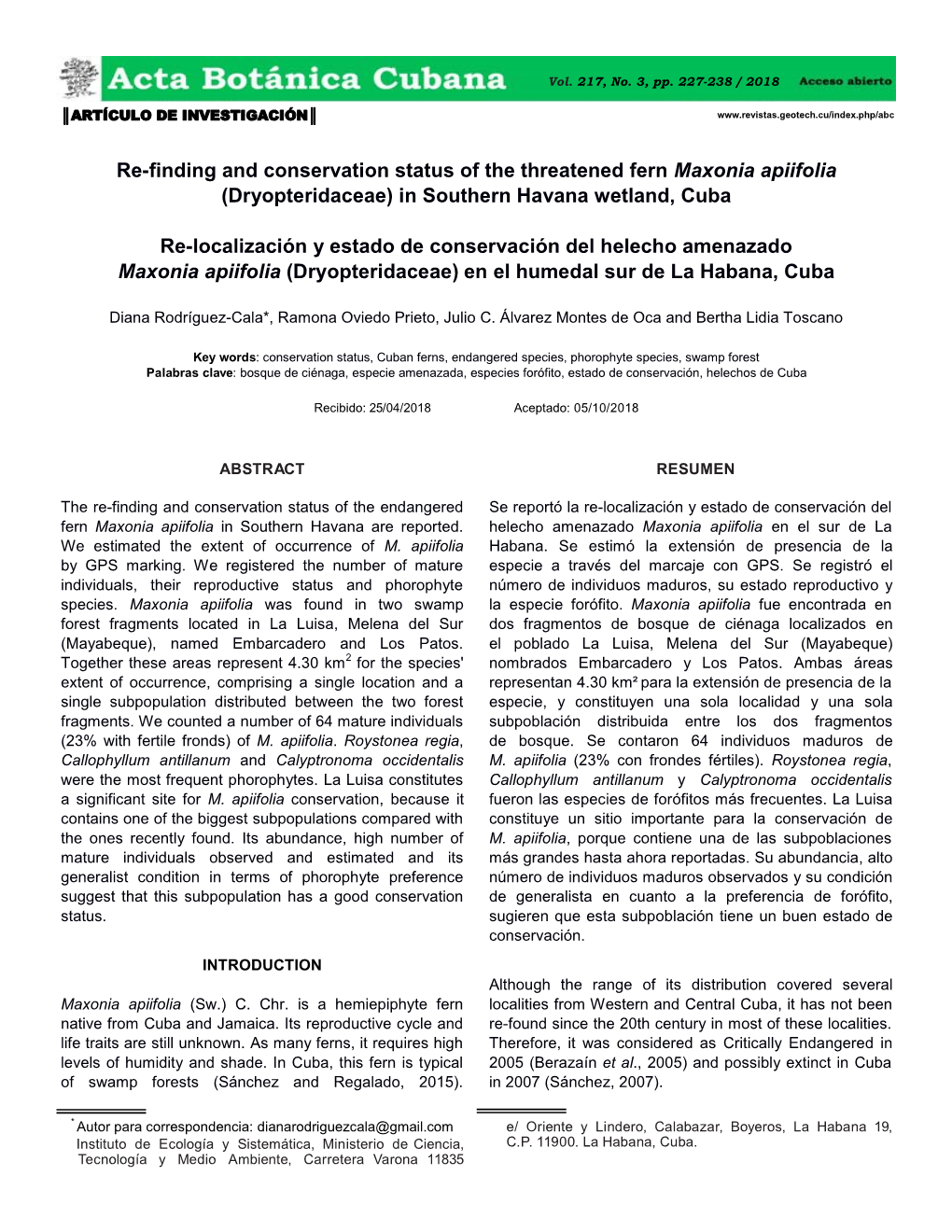 Re-Finding and Conservation Status of the Threatened Fern Maxonia Apiifolia (Dryopteridaceae) in Southern Havana Wetland, Cuba R