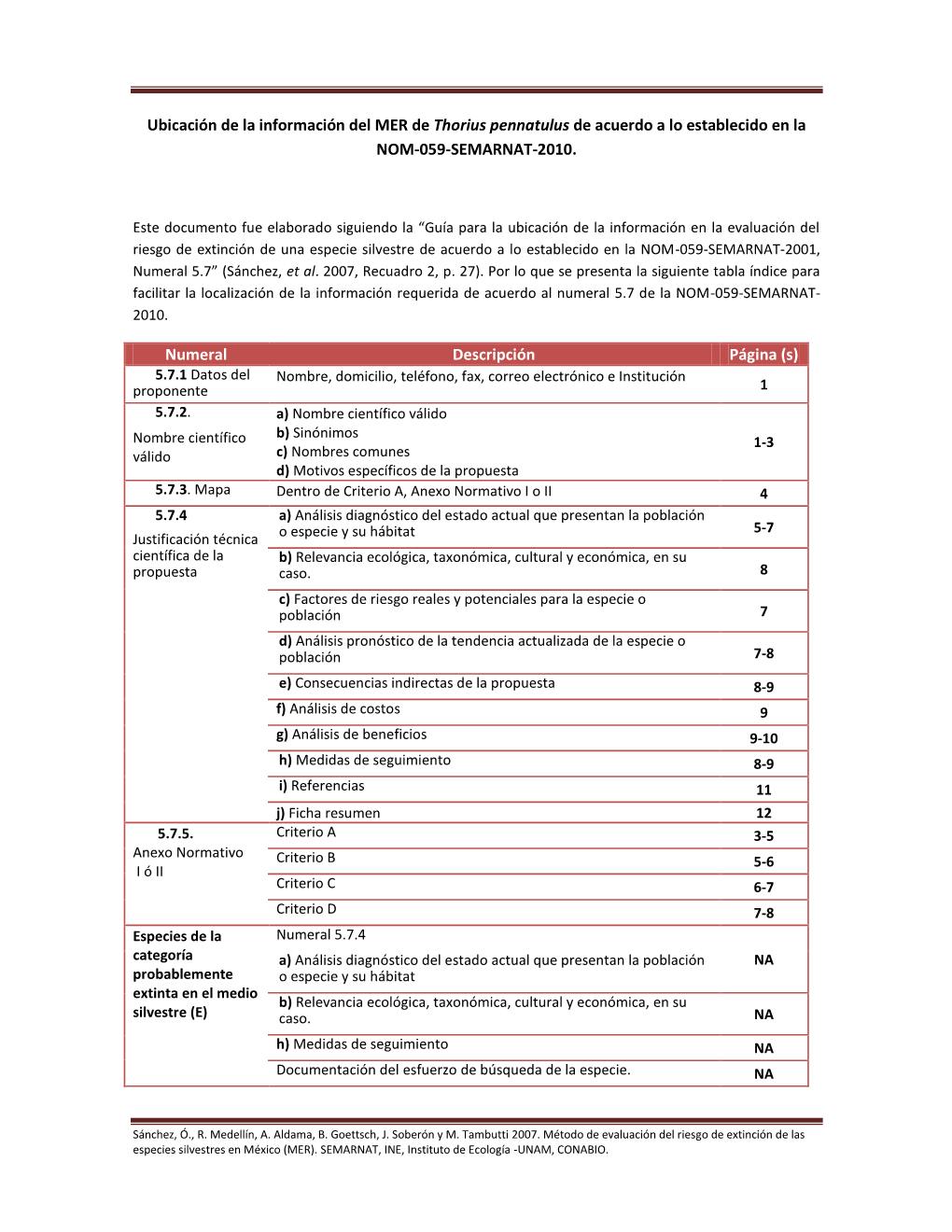 Ubicación De La Información Del MER De Thorius Pennatulus De Acuerdo a Lo Establecido En La NOM-059-SEMARNAT-2010. Numeral