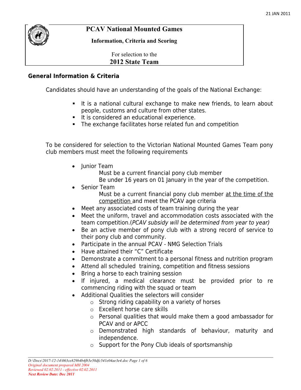 PCAV NMG Team Selection Information, Criteria & Scoring