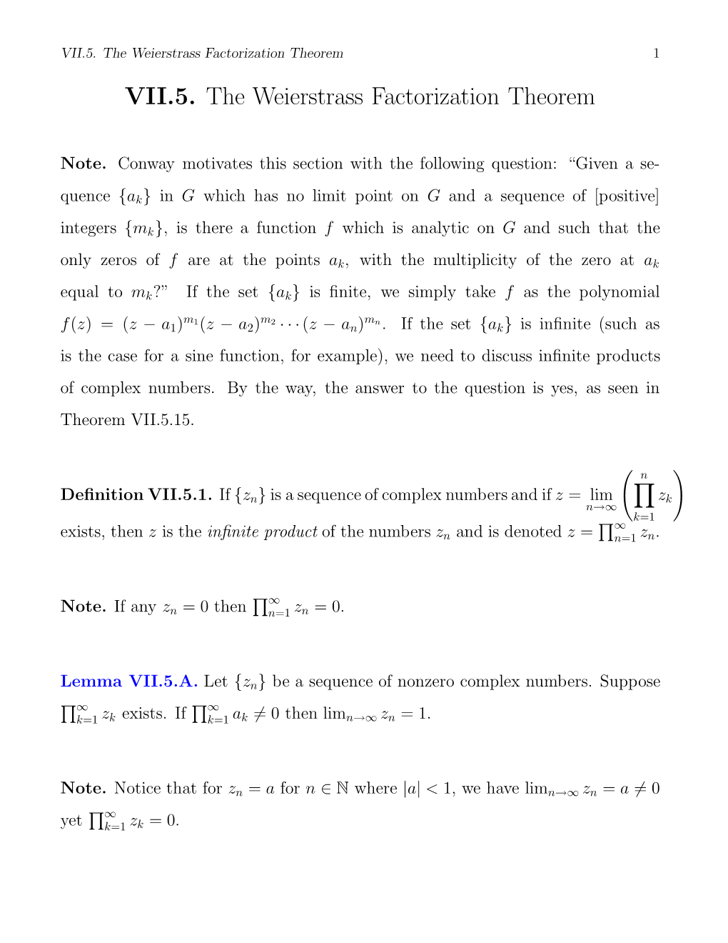 VII.5. the Weierstrass Factorization Theorem 1 VII.5