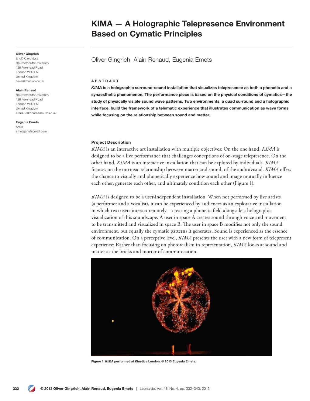 KIMA — a Holographic Telepresence Environment Based on Cymatic Principles