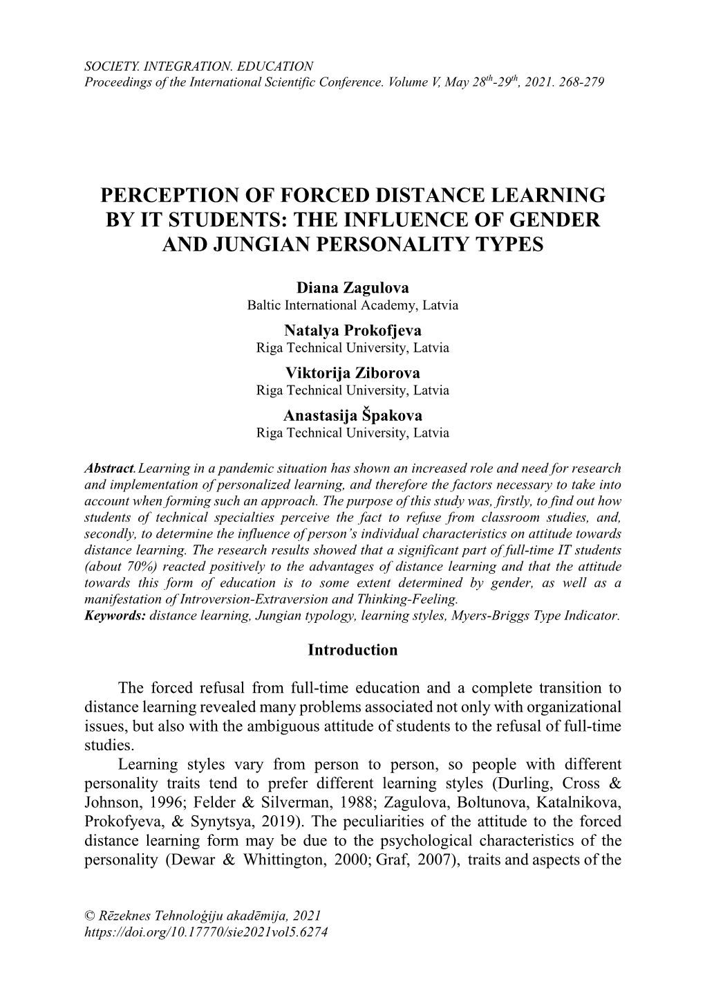 Perception of Forced Distance Learning by It Students: the Influence of Gender and Jungian Personality Types