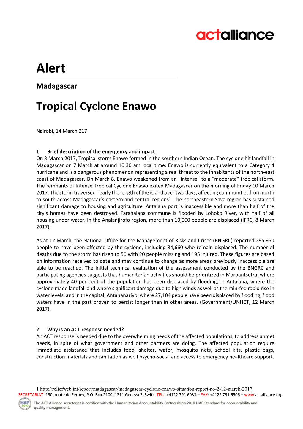 Alerts 03 2017 Tropical Cyclone Enawo in Madagascar