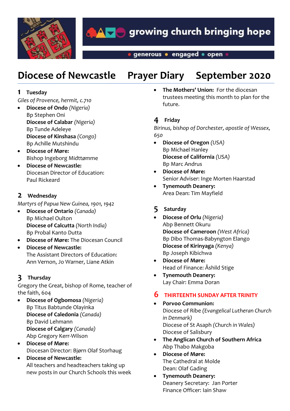 Diocese of Newcastle Prayer Diary September 2020