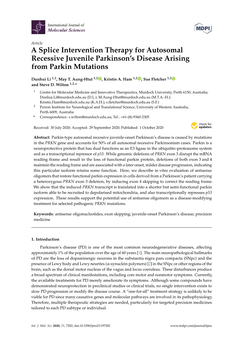 A Splice Intervention Therapy for Autosomal Recessive Juvenile Parkinson's Disease Arising from Parkin Mutations