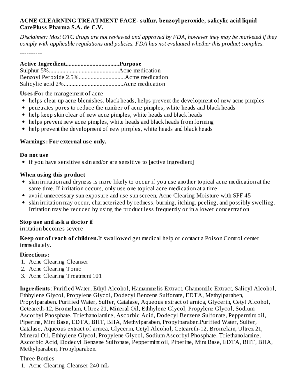 ACNE CLEARNING TREATMENT FACE- Sulfur, Benzoyl Peroxide, Salicylic Acid Liquid Carepluss Pharma SA De CV Disclaimer