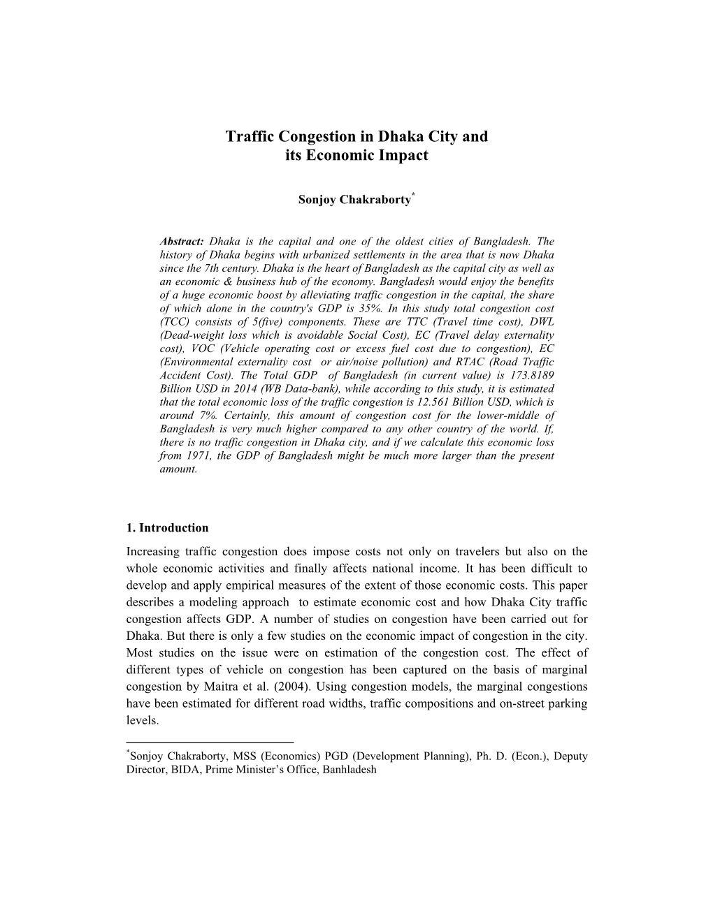 Traffic Congestion in Dhaka City and Its Economic Impact