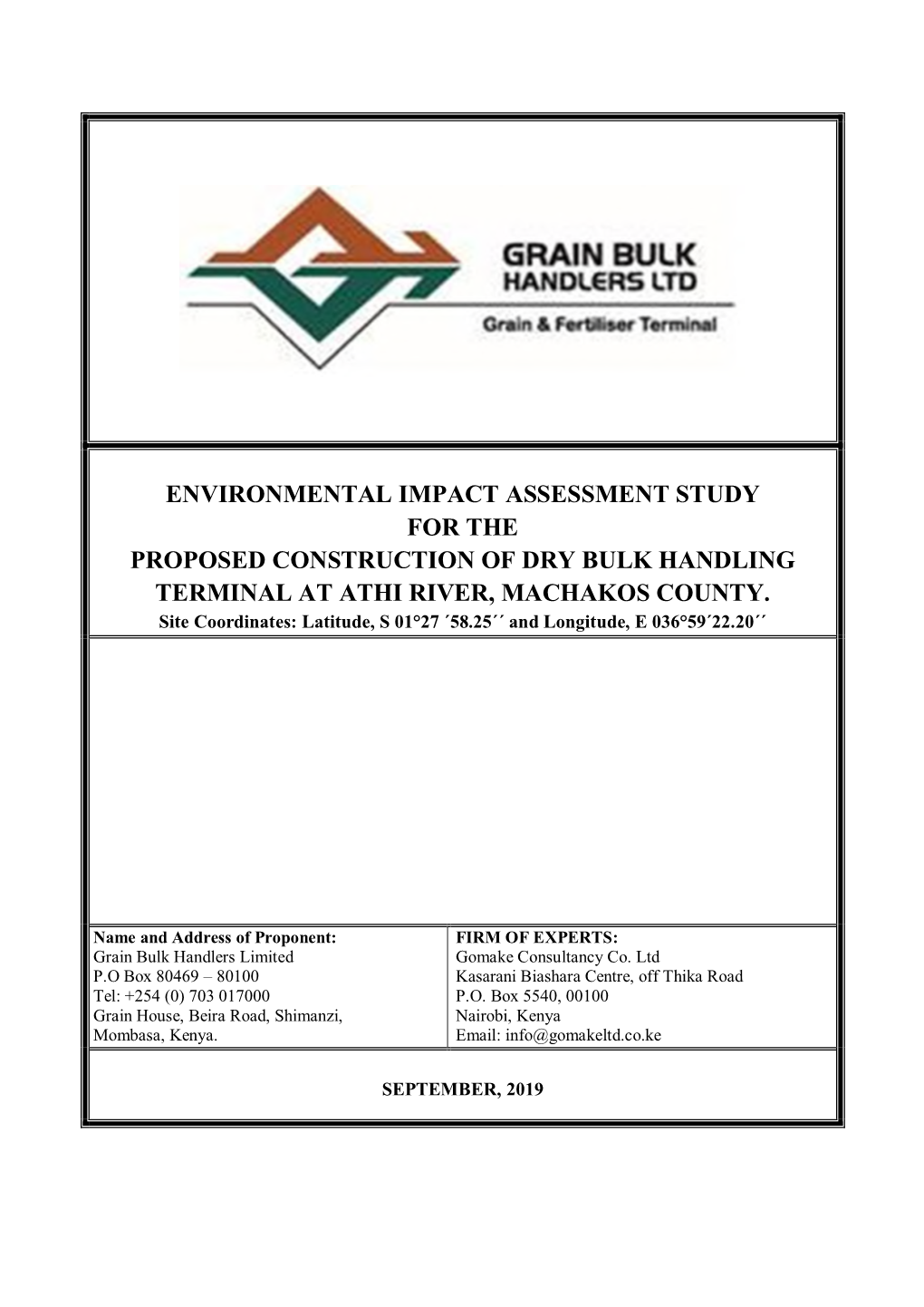 Environmental Impact Assessment Study for the Proposed Construction of Dry Bulk Handling Terminal at Athi River, Machakos County