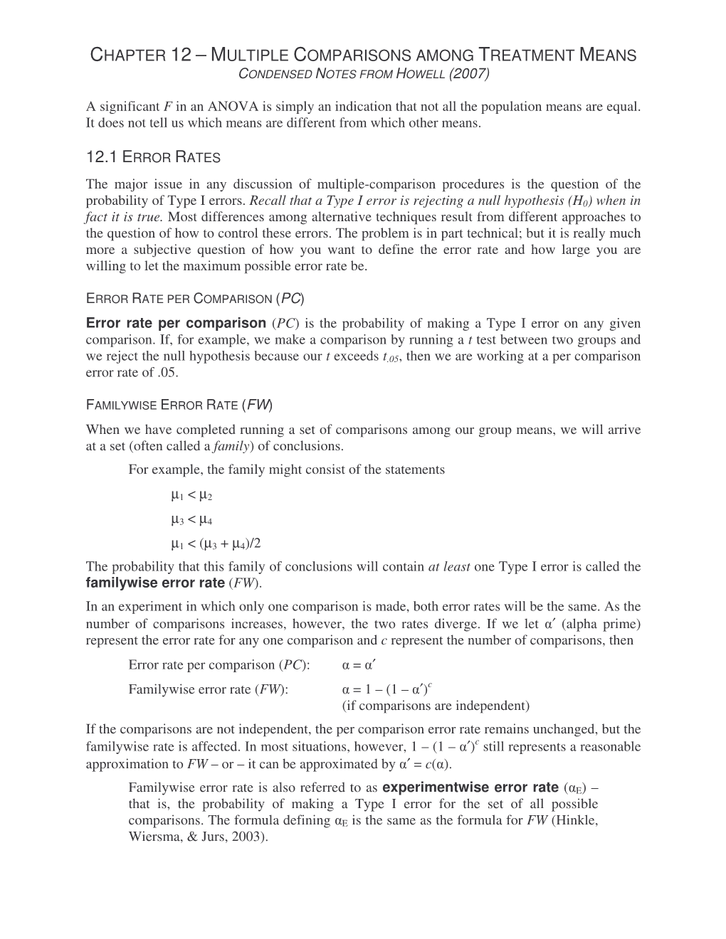 Chapter 12 – Multiple Comparisons Among Treatment Means Condensed Notes from Howell (2007)